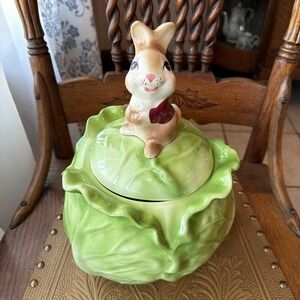 Rare Metlox Poppytrail Pottery Bunny Rabbit on Cabbage Cookie Jar Vintage 1960's